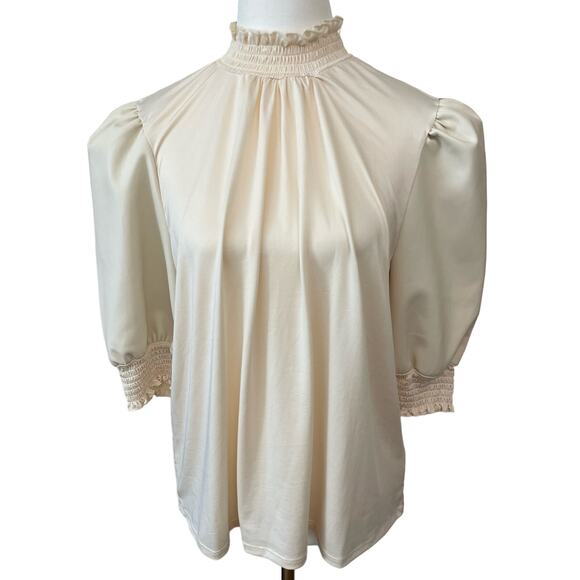 Brea Canyon Tops - Brea Canyon Smocked Neck Ivory Blouse Puffed Vegan Leather Sleeves Size L NWT